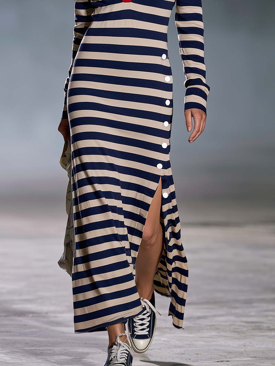 Retro Nautical Navy Striped Polo Collar Long-Sleeve Slit Maxi Dress