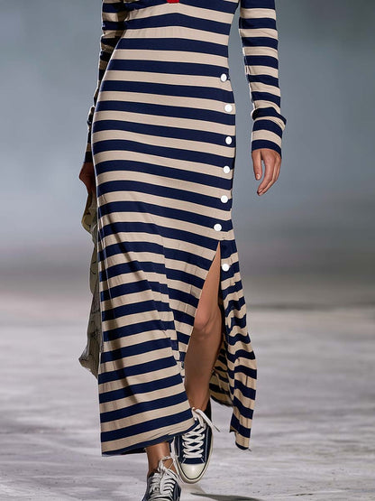 Retro Nautical Navy Striped Polo Collar Long-Sleeve Slit Maxi Dress