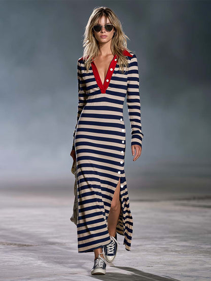 Retro Nautical Navy Striped Polo Collar Long-Sleeve Slit Maxi Dress