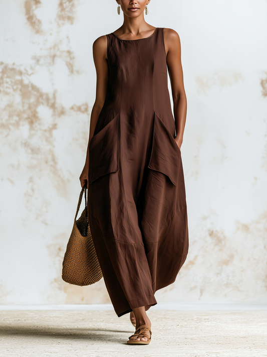 Chocolate‑Brown Sleeveless Linen Oversized Wide‑Leg Jumpsuit