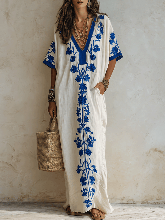 Effortless Boho Cotton Contrast-Trim Loose Off-White Embroidered Kaftan Maxi Dress