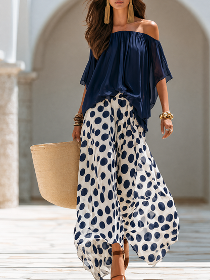 Off Shoulder Short Sleeve Chiffon Top & Polka Dot Wide Leg Pants Two Piece Set