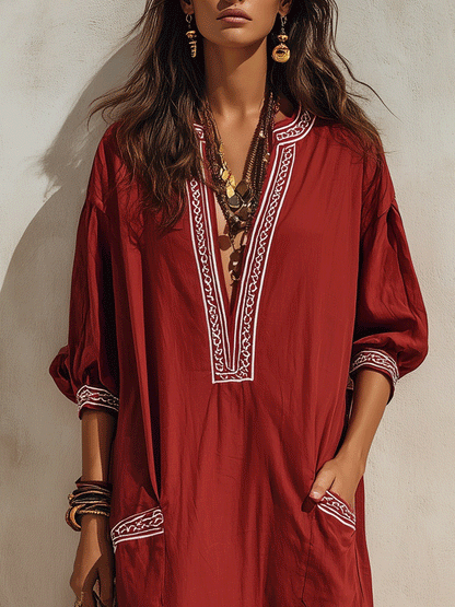 Ethnic Resort Linen Contrast-Trim Pocket Loose Brick Red Peasant Maxi Dress