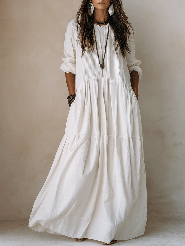 Coastal Chic Soft Cotton Oversized Off-White Smock Maxi Dress
