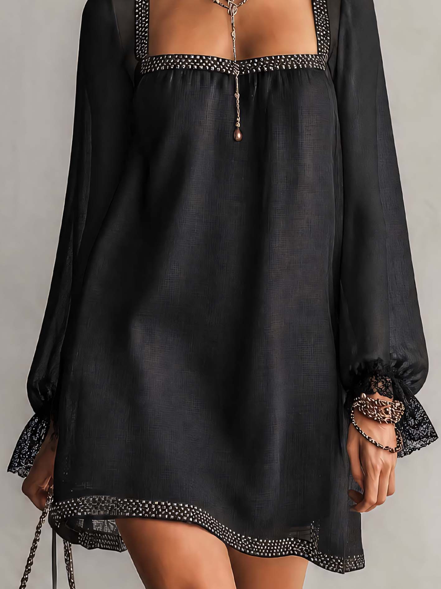 Black Rhinestone Trim Square Neck Lace Cuff Mini Dress