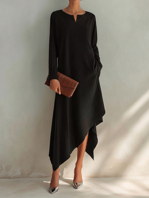 Women's Small V-Neck And Asymmetrical Hem Cotton-Blend Midi Dress