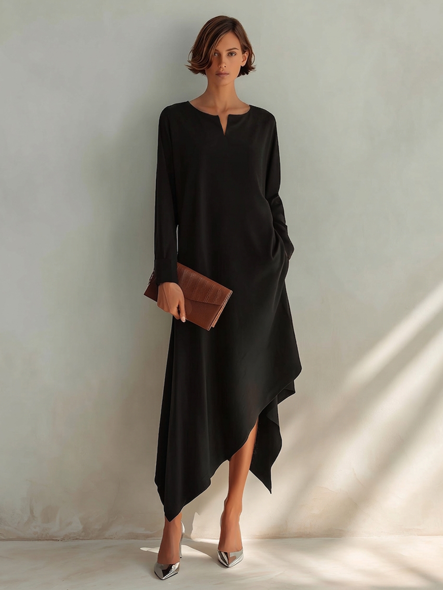 Women's Small V-Neck And Asymmetrical Hem Cotton-Blend Midi Dress
