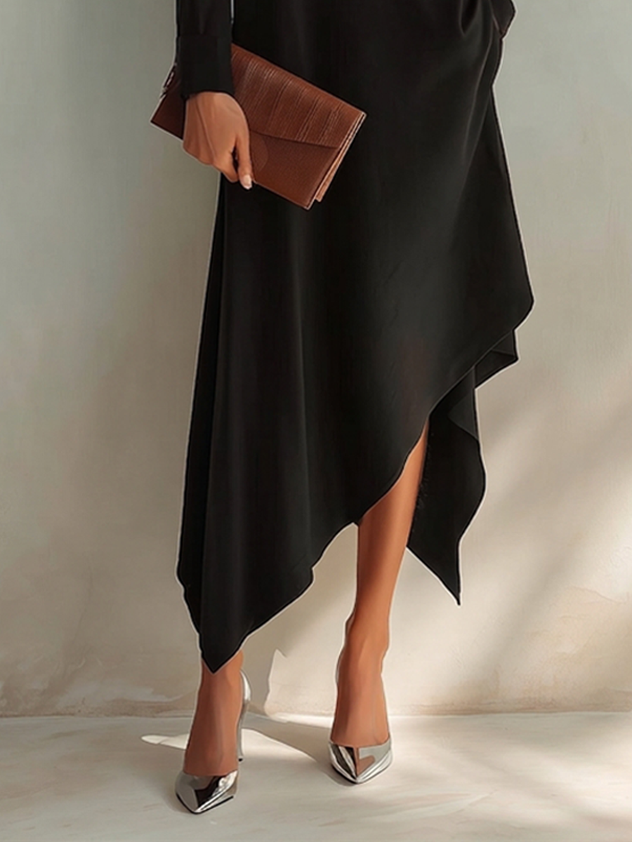 Women's Small V-Neck And Asymmetrical Hem Cotton-Blend Midi Dress