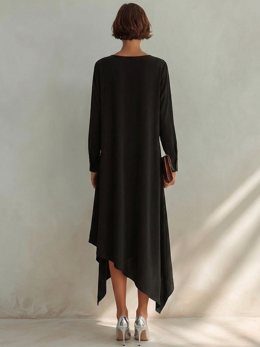 Women's Small V-Neck And Asymmetrical Hem Cotton-Blend Midi Dress