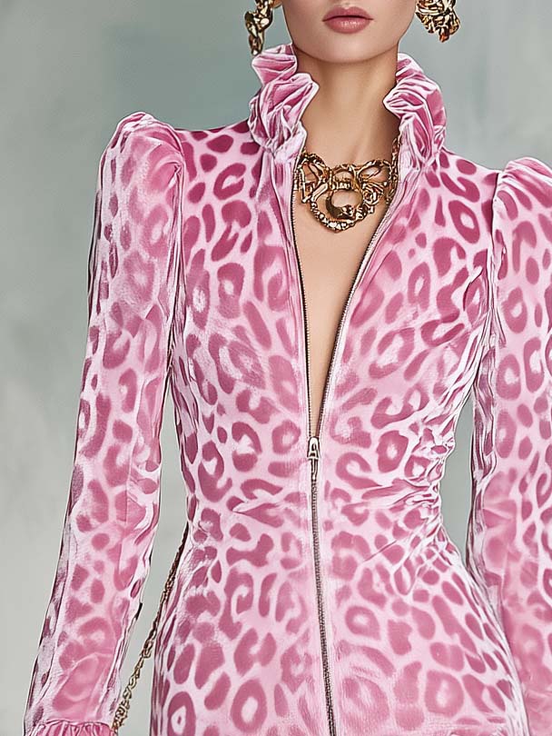 retro-party-ruffled-stand-collar-front-zipper-leopard-print-light-pink-velvet-mini-dress - Oyrosy