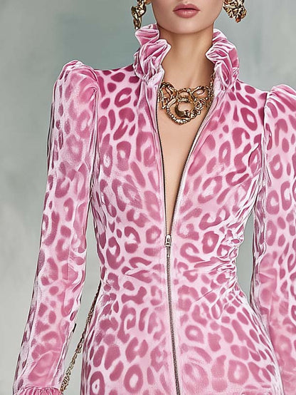 retro-party-ruffled-stand-collar-front-zipper-leopard-print-light-pink-velvet-mini-dress - Oyrosy