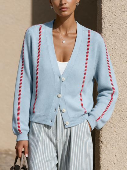Women's Contrast Stitch Casual V-Neck Cardigan