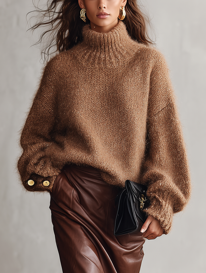 Women's Casual Camel Mohair-Blend Long-Sleeve Turtleneck Sweater