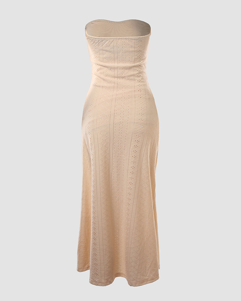 Sleeveless Ruched Cinched Waist Draped Bandeau Dress Eyelet Embroidery Slit Asymmetrical Hem Vacation Dress