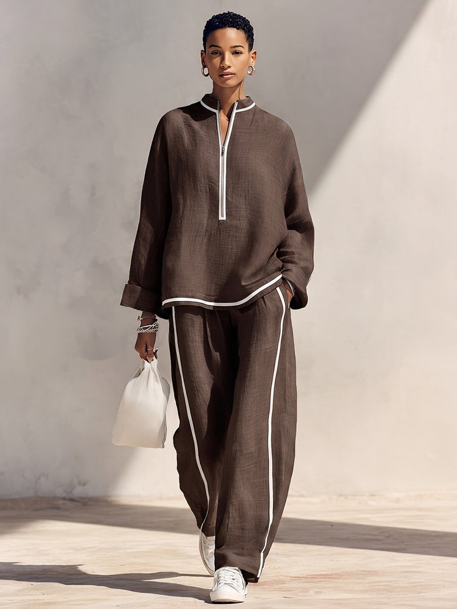 Women's Light‑Blue Linen Fabric Stand‑Collar Half‑Zip Oversized Top & Wide‑Leg Pants Set MDZ1594G5ZRK