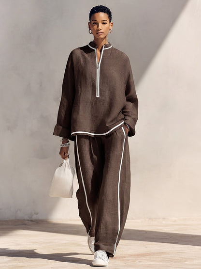 Women's Light‑Blue Linen Fabric Stand‑Collar Half‑Zip Oversized Top & Wide‑Leg Pants Set MDZ1594G5ZRK