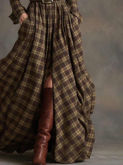 retro-ethnic-style-lapel-reddish-brown-plaid-maxi-dress - Oyrosy