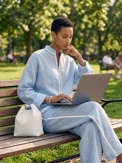 Women's Light‑Blue Linen Fabric Stand‑Collar Half‑Zip Oversized Top & Wide‑Leg Pants Set MDZ1594G5ZRK