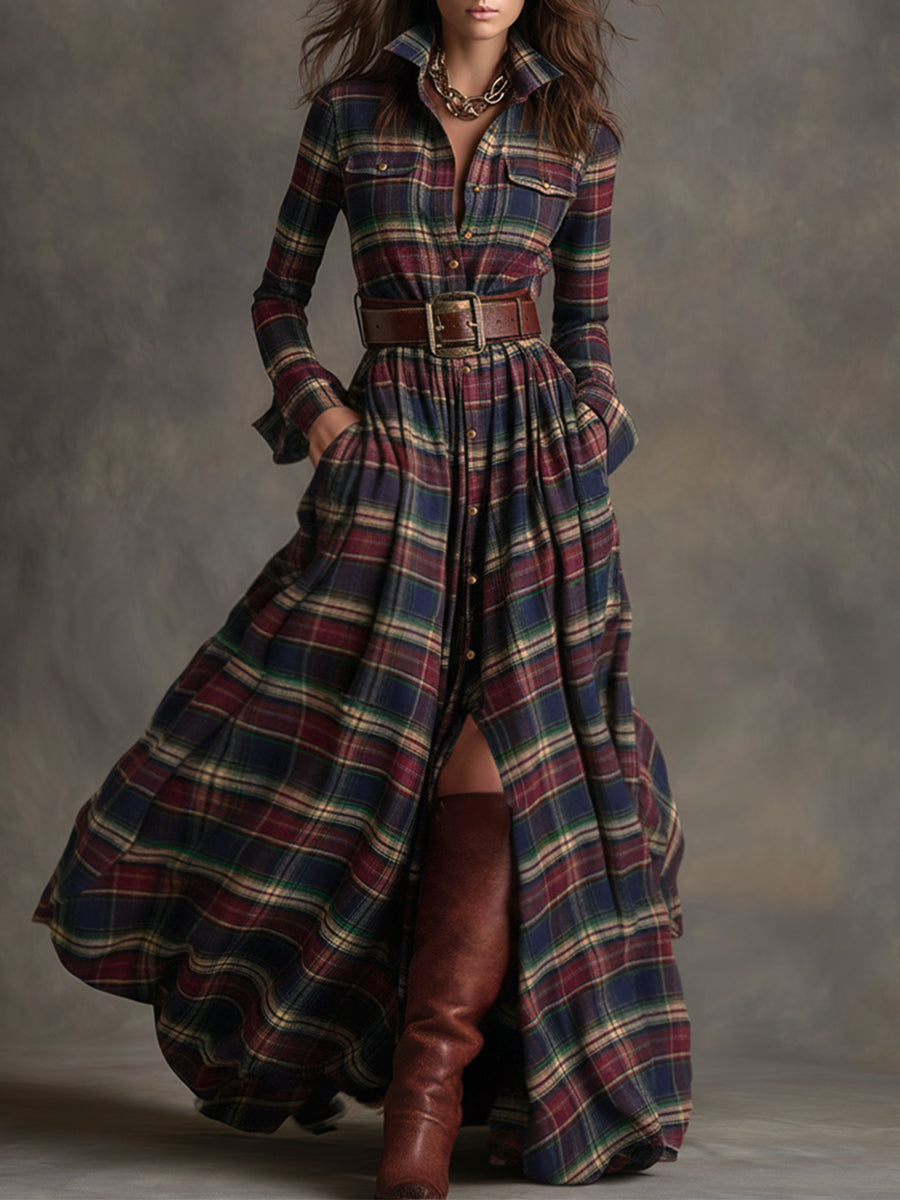 retro-ethnic-style-lapel-reddish-brown-plaid-maxi-dress - Oyrosy