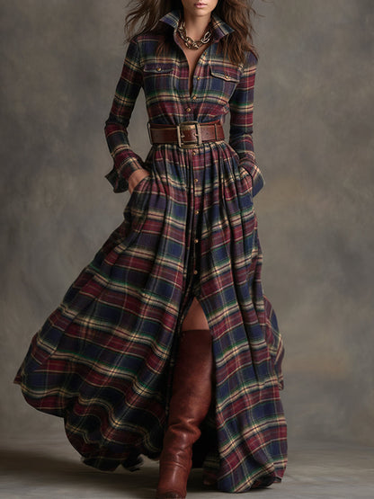 retro-ethnic-style-lapel-reddish-brown-plaid-maxi-dress - Oyrosy