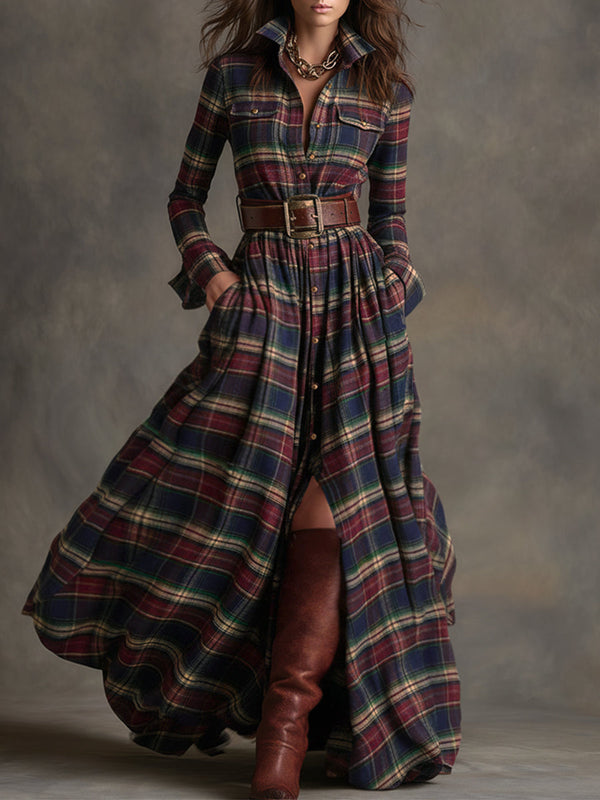 retro-ethnic-style-lapel-reddish-brown-plaid-maxi-dress - Oyrosy