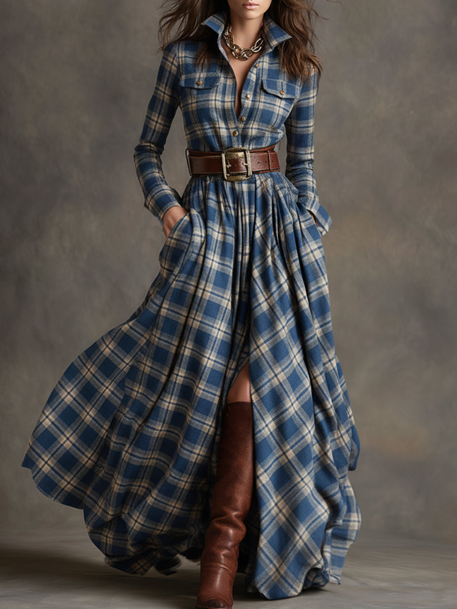 retro-ethnic-style-lapel-reddish-brown-plaid-maxi-dress - Oyrosy