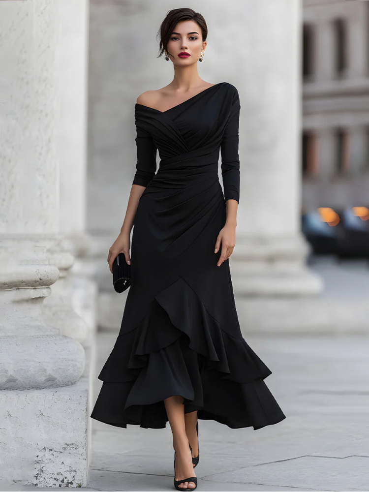 One-Shoulder Ruched Asymmetric Ruffle Hem Midi Dress