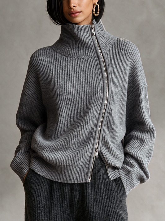 Women's Grey Diagonal‑Zip Funnel Neck Knit Sweater