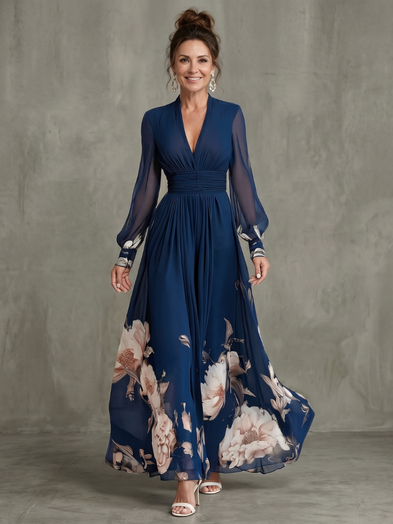 Pleated Sheer Sleeve Navy Maxi Dress
