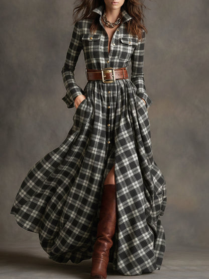 retro-ethnic-style-lapel-reddish-brown-plaid-maxi-dress - Oyrosy