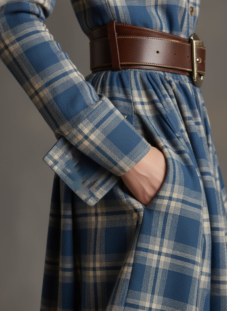 retro-ethnic-style-lapel-reddish-brown-plaid-maxi-dress - Oyrosy