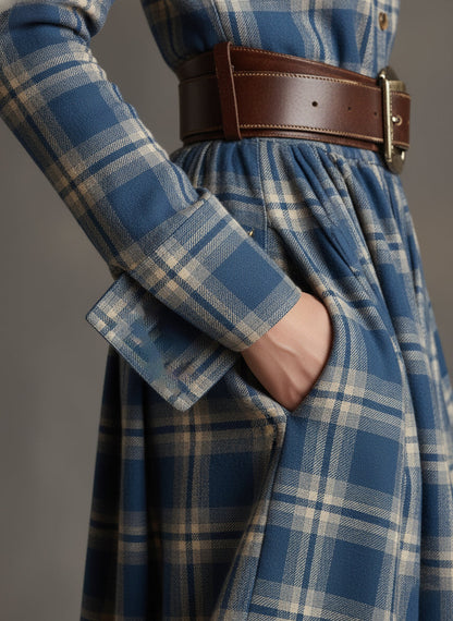 retro-ethnic-style-lapel-reddish-brown-plaid-maxi-dress - Oyrosy