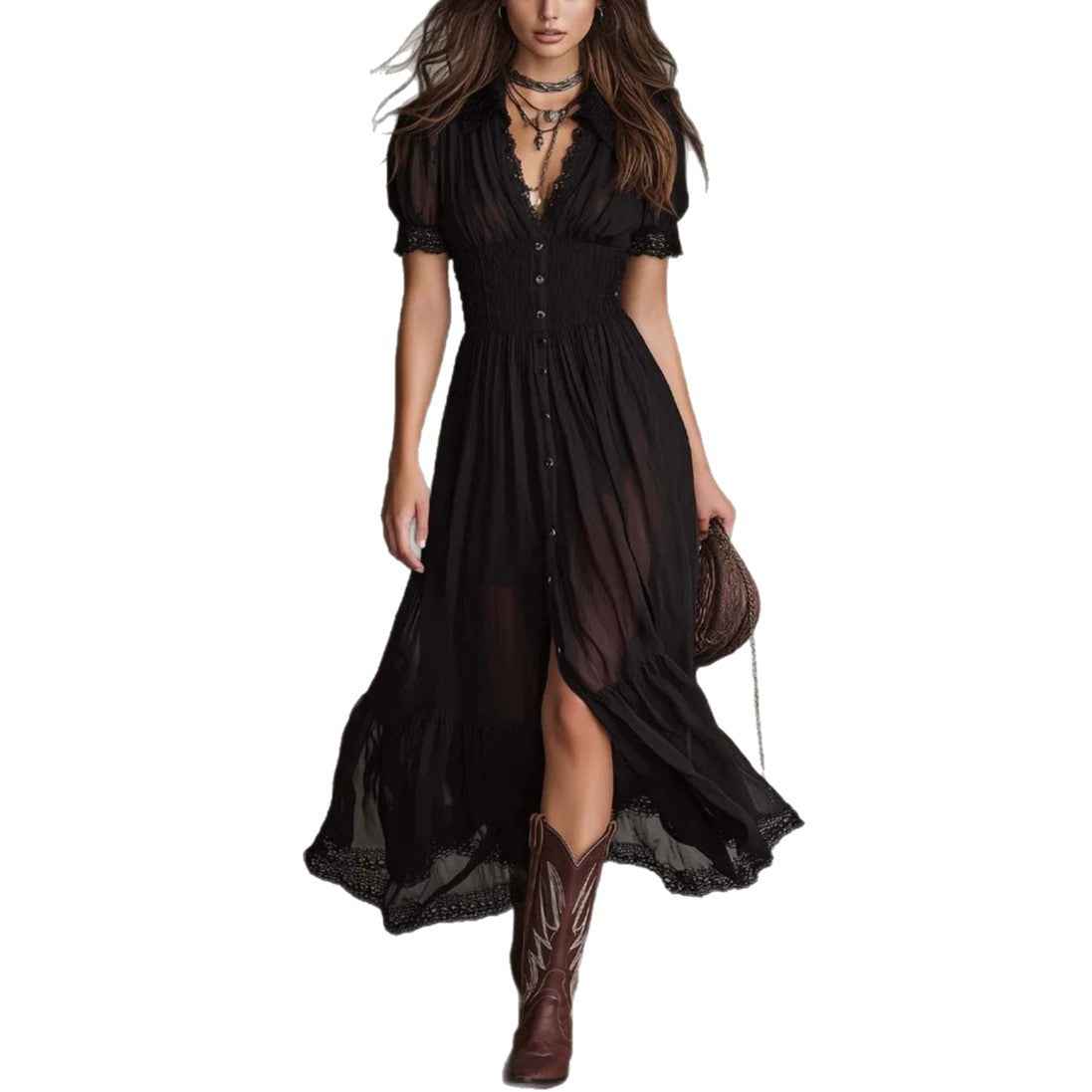 Fitted-waist Ruffled-edge Chic Dark-style V-neck Blouse And Slit Maxi Skirt