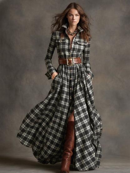 retro-ethnic-style-lapel-reddish-brown-plaid-maxi-dress - Oyrosy