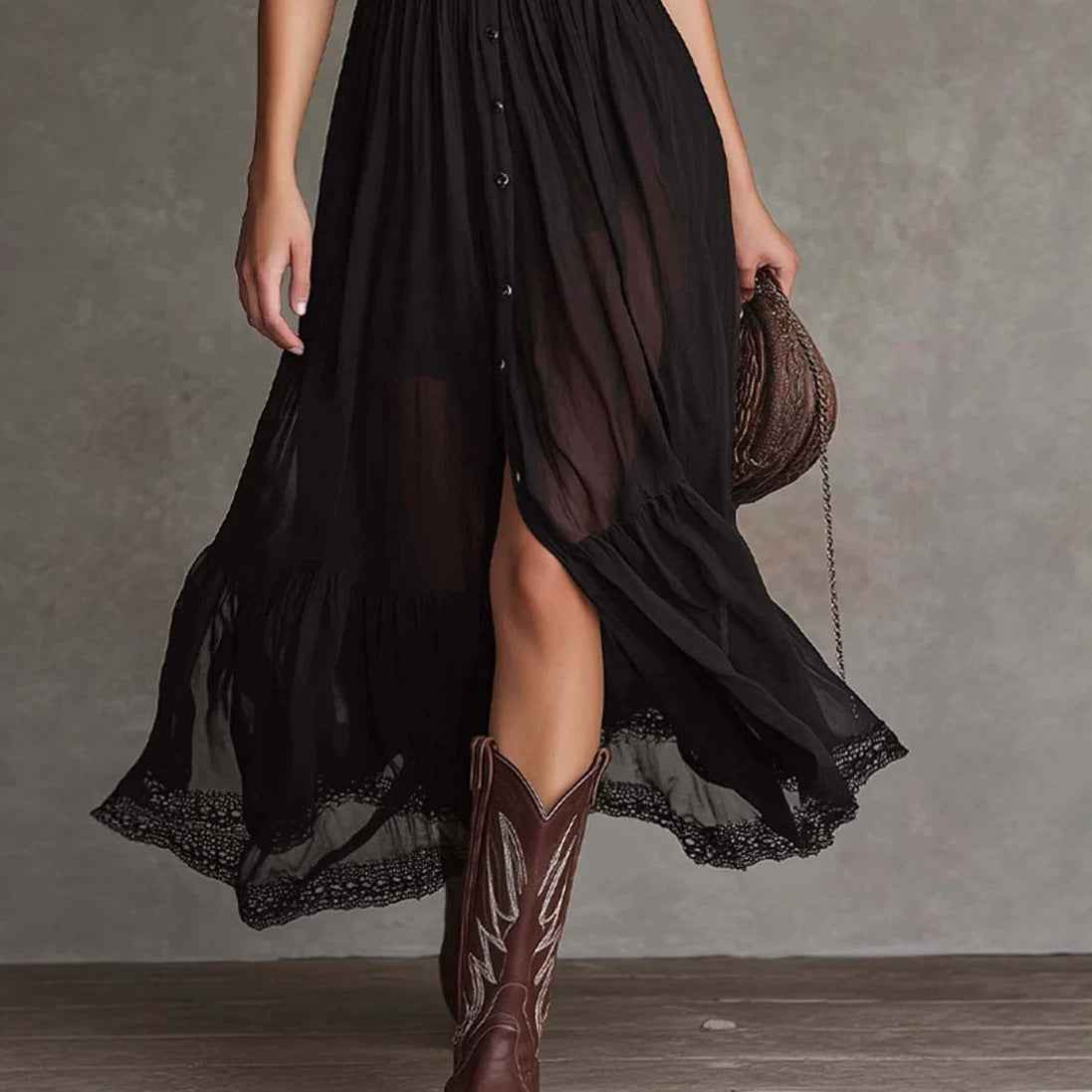 Fitted-waist Ruffled-edge Chic Dark-style V-neck Blouse And Slit Maxi Skirt