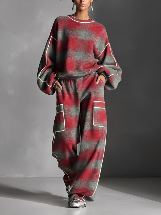Women's Distressed Street-Style Color-Block Set in Red and Grey Plaid