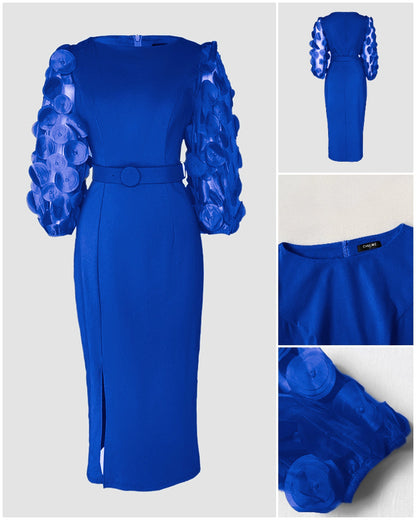 3D Polka Dot Appliques Mesh Lantern Sleeve Zipper Back Slit Work Dress Cinched Waist Slim Fit Mid Length Dress With Belt