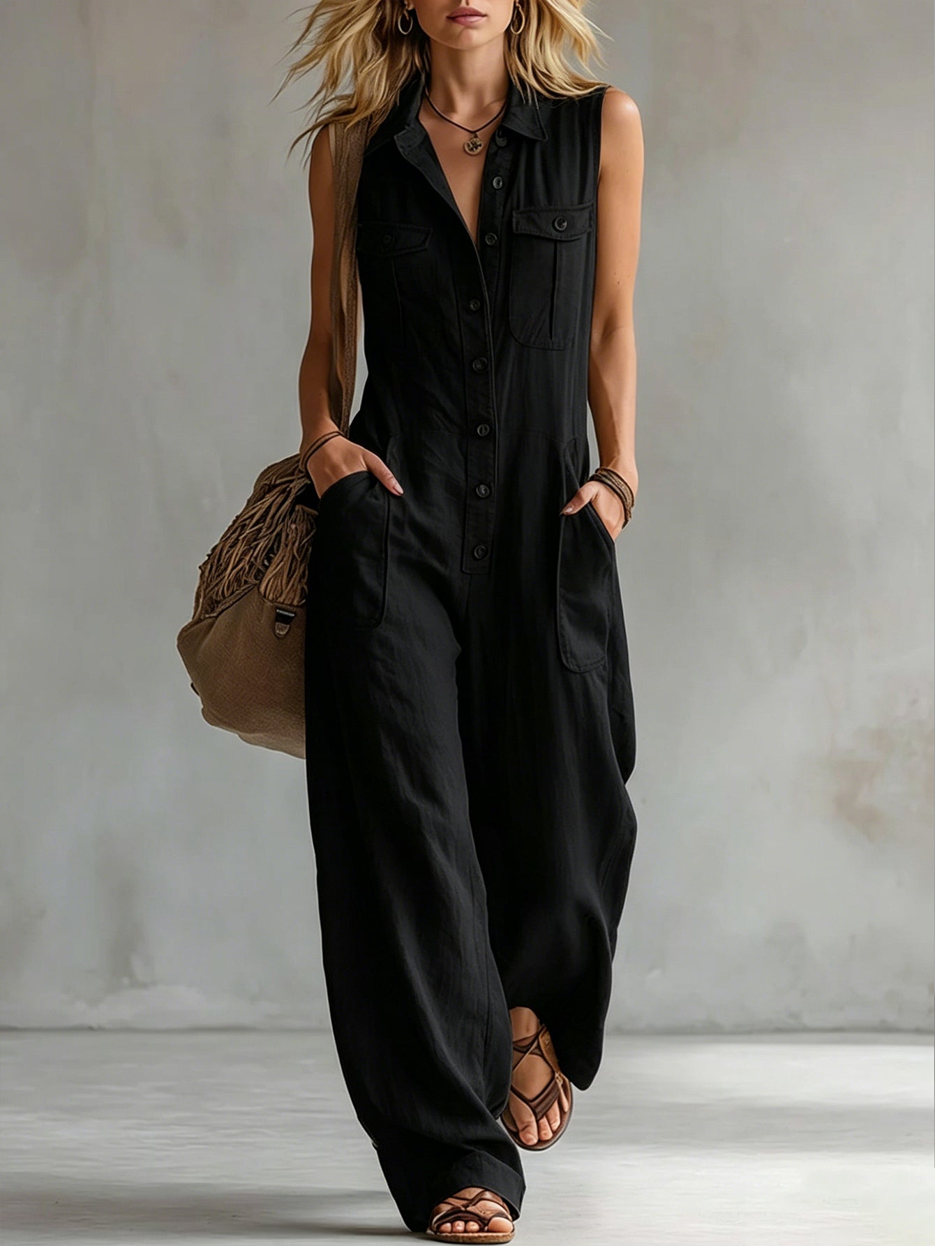 Vintage-style Casual Khaki Cotton Utility-style Sleeveless Jumpsuit