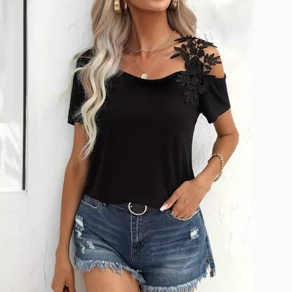 solid color stitching fashion lace T-shirt women's tops