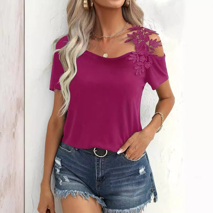 solid color stitching fashion lace T-shirt women's tops
