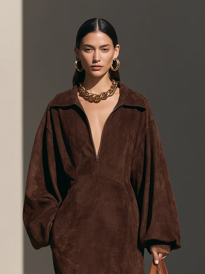 Elegant Brown Suede Half-Zip Long Sleeve Maxi Dress with Side Slit