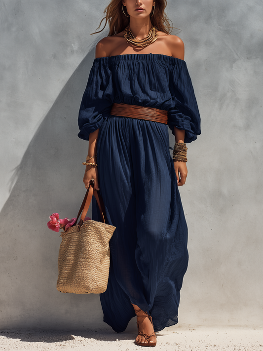 Women's Casual Dark Blue Cotton Linen Strapless Long-sleeved Dress (belt Not Included)