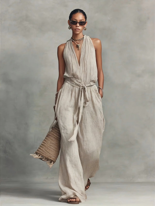 Casual Lace-Up Sleeveless Cotton Blend Jumpsuit