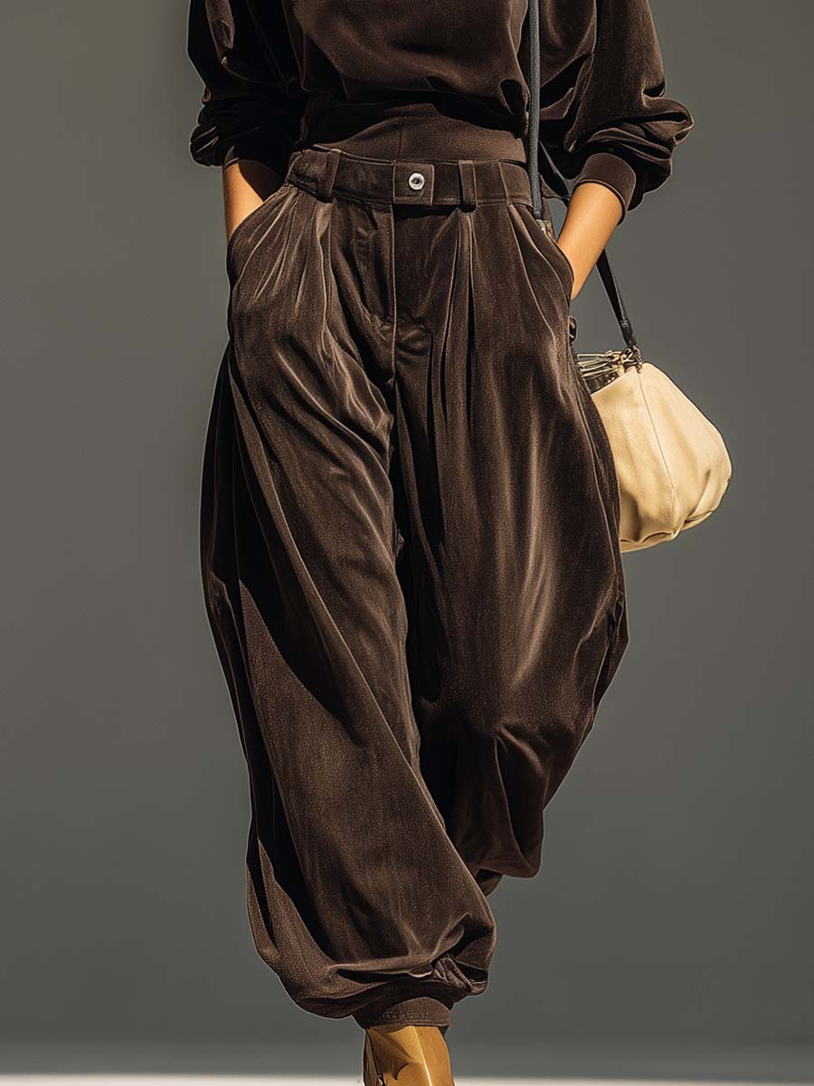 Vintage brown velvet hoodie and loose-fitting trousers set(Includes belt)