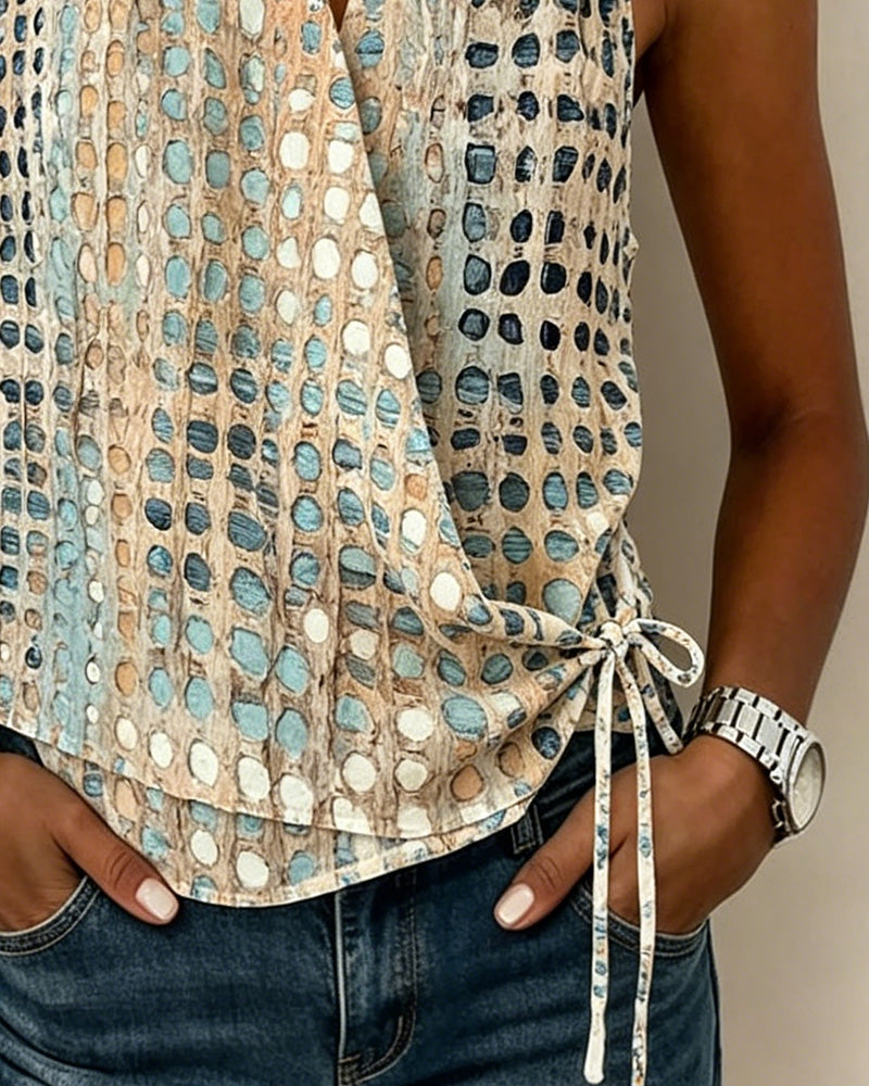 V-Neck Cross Halter Polka Dot Sleeveless Blouse