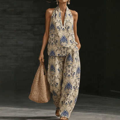 Geometric Print Halter V-Neck Sleeveless Top & Wide Leg Pants Two Piece Set