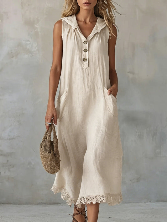 Sleeveless Collared Half Button Lace Hem Linen Midi Dress