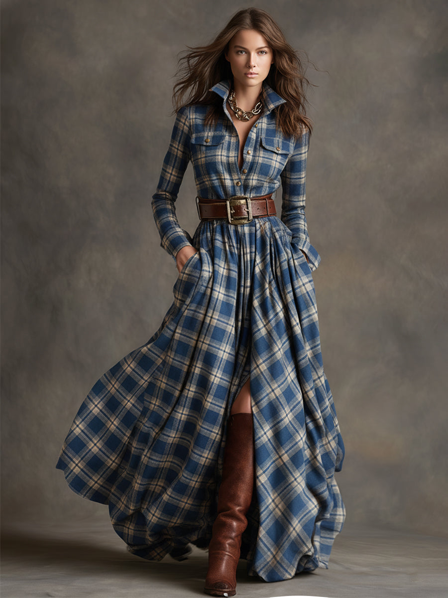 retro-ethnic-style-lapel-reddish-brown-plaid-maxi-dress - Oyrosy
