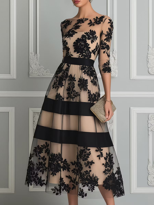 Black Lace Elegant A Line Midi Dress