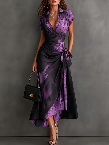 Red Black Abstract Print Wrap Midi Dress Collared V Neck Short Sleeve Tie Waist Ruffled High‑Low Hem Dress